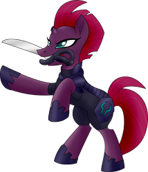 Size: 1664x1948 | Tagged: safe, artist:poseidonathenea, derpibooru import, tempest shadow, pony, unicorn, armor, broken horn, female, hoof shoes, horn, mare, mouth hold, rearing, simple background, solo, sword, transparent background, weapon