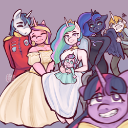 Size: 2048x2048 | Tagged: safe, artist:scribleydoodles, derpibooru import, prince blueblood, princess cadance, princess celestia, princess flurry heart, princess luna, shining armor, twilight sparkle, twilight sparkle (alicorn), alicorn, anthro, unicorn, alicorn tetrarchy, baby, clothes, dress, eye clipping through hair, female, foal, male, mare, purple background, shiningcadance, shipping, simple background, smiling, stallion, straight, uniform