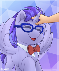 Size: 2000x2400 | Tagged: safe, artist:rivin177, derpibooru import, oc, alicorn, human, pony, commission, eyes closed, glasses, hand, petting, raised hoof, raised leg, ribbon, simple background, sparkles, spread wings, wings, ych result, your character here