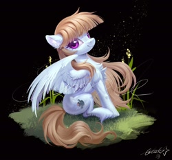 Size: 2048x1907 | Tagged: safe, artist:paipaishuaige, derpibooru import, oc, oc only, pegasus, pony, black background, chest fluff, ear fluff, ears, female, grass, looking at you, reeds, simple background, sitting, smiling, smiling at you, solo, spread wings, unshorn fetlocks, watermark, wings