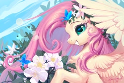 Size: 2048x1378 | Tagged: safe, artist:paipaishuaige, derpibooru import, fluttershy, butterfly, pegasus, pony, chest fluff, female, floral head wreath, flower, flower in hair, grin, smiling, solo, spread wings, wings