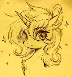 Size: 1905x2048 | Tagged: safe, artist:paipaishuaige, derpibooru import, oc, oc only, pony, unicorn, bust, chest fluff, ear fluff, ears, female, horn, looking at you, monochrome, simple background, sketch, smiling, smiling at you, solo, sparkles, traditional art, unicorn oc
