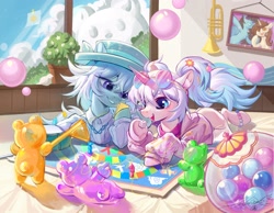 Size: 2048x1589 | Tagged: safe, artist:paipaishuaige, derpibooru import, oc, oc only, bear, earth pony, pegasus, pony, unicorn, balloon, board game, bracelet, clothes, cloud, dice, dress, drums, duo, duo female, earth pony oc, female, gummy bear, hair accessory, hat, horn, jacket, jewelry, musical instrument, pareidolia, pegasus oc, picture frame, playing, playing card, potted plant, smiling, sunglasses, transparent horn, trumpet, unicorn oc