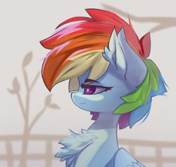 Size: 3008x2863 | Tagged: safe, artist:jfrxd, derpibooru import, rainbow dash, pegasus, pony, bust, chest fluff, ear fluff, ears, eyebrows, eyebrows visible through hair, female, looking sideways, mare, portrait, smiling, solo