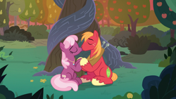 Size: 1920x1080 | Tagged: safe, derpibooru import, edit, edited screencap, screencap, big macintosh, cheerilee, earth pony, pony, the big mac question, alternate scenario, anonymous editor, apple, apple tree, character swap, cheerimac, eyes closed, female, food, holding hooves, intertwined trees, jewelry, kissing, male, mare, necklace, pear tree, shipping, stallion, straight, tree