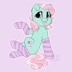 Size: 1200x1200 | Tagged: safe, artist:fanaticpanda, derpibooru import, minty, earth pony, pony, chest fluff, clothes, female, leaning, leaning back, looking at you, mare, pink background, raspberry, simple background, sitting, smiling, smiling at you, socks, solo, striped socks, that pony sure does love socks, tongue, tongue out, white outline