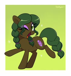 Size: 1924x2048 | Tagged: safe, artist:darkynez, derpibooru import, oc, oc only, oc:hyacinth, earth pony, pony, female, green background, high res, looking at you, mare, one eye closed, open mouth, passepartout, raised hoof, raised leg, simple background, smiling, smiling at you, solo, twintails, wink, winking at you