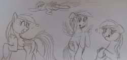 Size: 3656x1728 | Tagged: safe, derpibooru import, rainbow dash, pegasus, pony, blushing, butt, cute, flying, heart, hoof hold, monochrome, plot, sketch, smiling, traditional art