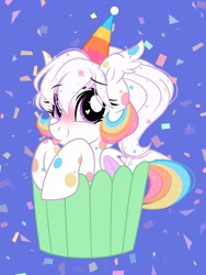 Size: 1541x2048 | Tagged: safe, artist:emberslament, derpibooru import, oc, oc:confetti cupcake, bat pony, pony, :p, bat pony oc, blushing, confetti, cupcake, cute, female, food, hat, mare, party hat, peeking, polka dots, simple background, solo, tongue, tongue out