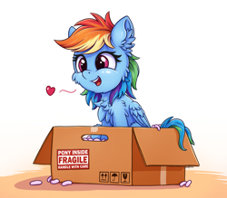 Size: 2500x2192 | Tagged: safe, artist:zeepheru_pone, derpibooru import, rainbow dash, pegasus, pony, box, cheek fluff, chest fluff, cute, dashabetes, ear fluff, ears, female, fluffy, folded wings, heart, high res, mare, packing peanuts, pony in a box, signature, simple background, sitting, smiling, solo, tail, wings