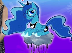 Size: 691x509 | Tagged: safe, derpibooru import, princess luna, alicorn, pony, clothes, cloud, crossover, crown, female, flower, glasses, horn, inside out, jewelry, lying down, mare, moon, prone, raincloud, regalia, sad, sadness (inside out), shoes, sparkles, wings, youtube link