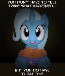 Size: 1744x2048 | Tagged: artist needed, safe, trixie, unicorn, bowl, dialogue, egg, female, food, looking at you, mare, simple background, solo, you have to eat all the eggs