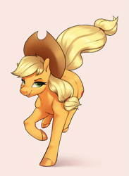 Size: 3141x4296 | Tagged: safe, artist:aquaticvibes, derpibooru import, applejack, earth pony, pony, applejack's hat, clothes, cowboy hat, female, hat, hooves, looking at you, mare, pink background, running, simple background, smiling, smiling at you, smirk, solo, tail, windswept tail