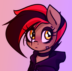 Size: 980x956 | Tagged: safe, artist:jetwave, derpibooru import, oc, oc only, oc:dala vault, earth pony, semi-anthro, bandaid, bust, choker, clothes, earth pony oc, eyeshadow, female, frown, gradient background, hoodie, looking at you, makeup, mare, solo