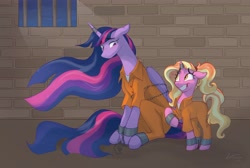 Size: 4096x2759 | Tagged: safe, artist:littmosa, derpibooru import, luster dawn, princess twilight 2.0, twilight sparkle, twilight sparkle (alicorn), alicorn, pony, unicorn, the last problem, bound wings, chains, clothes, cuffed, cuffs, duo, grin, jail, jumpsuit, nervous, nervous grin, older, older twilight, prison, prison outfit, prisoner, sad, shackles, shirt, smiling, undershirt, wings