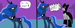 Size: 851x315 | Tagged: artist needed, source needed, useless source url, safe, derpibooru import, princess luna, alicorn, earth pony, pony, angry, batman, clothes, crown, dc comics, dialogue, female, horn, jewelry, male, mare, moon, night, ponified, regalia, shocked, shoes, smiling, sparkles, stallion, stars, text, wings