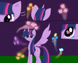 Size: 662x539 | Tagged: artist needed, source needed, useless source url, safe, derpibooru import, twilight sparkle, twilight sparkle (alicorn), alicorn, pony, crying, female, horn, mare, night, onomatopoeia, smiling, sound effects, spread wings, stars, tears of joy, wings