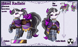 Size: 4152x2529 | Tagged: safe, artist:pridark, derpibooru import, oc, oc only, oc:hazel radiate, pony, unicorn, armor, caparison, cutie mark, female, gritted teeth, high res, horn, looking at you, mare, raised hoof, raised leg, reference sheet, simple background, smiling, solo, sword, teeth, unicorn oc, weapon, white background