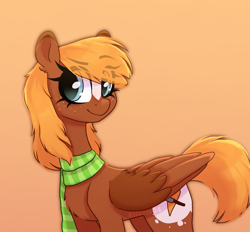 Size: 1948x1807 | Tagged: safe, artist:_alixxie_, derpibooru import, oc, oc only, pegasus, pony, blaze (coat marking), chest fluff, clothes, coat markings, eye clipping through hair, eyebrows, eyebrows visible through hair, eyelashes, facial markings, female, folded wings, freckles, gradient background, looking at you, mare, orange background, pegasus oc, scarf, signature, simple background, smiling, solo, wings