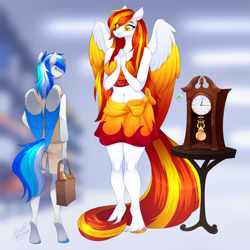 Size: 1200x1200 | Tagged: safe, artist:scarlet-spectrum, derpibooru import, oc, oc only, oc:diamond sun, oc:hawker hurricane, anthro, pegasus, unguligrade anthro, anthro oc, bag, clock, clothes, colored wings, commission, female, grandfather clock, looking at each other, male, mare, sarong, shopping bag, stallion, unshorn fetlocks, wings