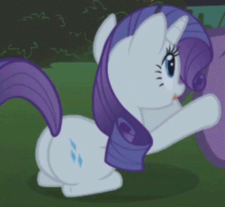 Size: 395x365 | Tagged: safe, derpibooru import, screencap, rarity, steven magnet, pony, unicorn, friendship is magic, season 1, animated, blinking, butt, cropped, female, gif, mare, offscreen character, plot, rearity, sitting, solo focus, stroking, talking