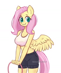 Size: 1213x1454 | Tagged: safe, artist:handgunboi, derpibooru import, fluttershy, anthro, pegasus, blushing, bra, breasts, clothes, crop top bra, female, hootershy, looking at you, mare, midriff, pink panties, shorts, simple background, smiling, smiling at you, solo, sports bra, sports shorts, spread wings, sweat, underwear, white background, wings