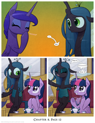 Size: 1200x1552 | Tagged: safe, artist:deusexequus, derpibooru import, princess luna, queen chrysalis, twilight sparkle, twilight sparkle (alicorn), alicorn, changeling, changeling queen, pony, comic:fix, adorkable, clapping, comic, cute, dork, eeee, eyes closed, female, happy, mare, open mouth, smiling, sparkly eyes, speech bubble, twiabetes, wingding eyes