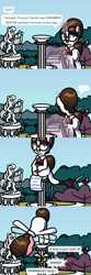 Size: 1600x4800 | Tagged: safe, artist:pony4koma, derpibooru import, discord, raven, draconequus, unicorn, blushing, canterlot, canterlot castle, canterlot gardens, chaos star, comic, cute, dialogue in the description, discord statue, disembodied eyes, glasses, hair bun, imminent petrification, majestic as fuck, makeup, necktie, paperwork, pedestal, pose, screaming, secretary, sitting, smiling, speech bubble, statue, taxes, thinking, waving