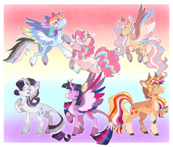 Size: 1280x1083 | Tagged: safe, artist:wanderingpegasus, derpibooru import, applejack, fluttershy, pinkie pie, rainbow dash, rarity, twilight sparkle, twilight sparkle (alicorn), alicorn, pegasus, pony, unicorn, alternate hairstyle, applejack's hat, asexual, asexual pride flag, bisexual pride flag, butt, clothes, coat markings, cowboy hat, curved horn, eyes closed, eyeshadow, face paint, female, flying, freckles, gay pride flag, hat, horn, leonine tail, lesbian pride flag, makeup, mane six, mare, mouthpiece, one eye closed, pansexual, pansexual pride flag, plot, pride, pride flag, pride month, redesign, tail, trans female, transgender, transgender pride flag, unshorn fetlocks, wink