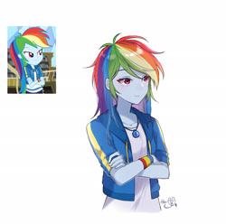 Size: 2240x2224 | Tagged: safe, artist:hikari_aoq, derpibooru import, rainbow dash, equestria girls, crossed arms, cute, dashabetes, eyebrows, eyebrows visible through hair, female, geode of super speed, high res, magical geodes, scene interpretation, screencap reference, signature, simple background, smiling, solo, white background