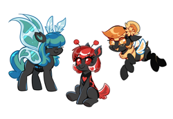 Size: 4138x2865 | Tagged: safe, artist:confetticakez, derpibooru import, oc, oc only, oc:honey pot, oc:love bug, oc:moon bright, bee, changeling, hybrid, insect, moth, mothling, original species, beeling, blue changeling, changeling oc, cute, cuteling, ladybug changeling, red changeling, simple background, white background, yellow changeling