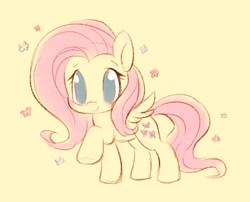 Size: 1330x1077 | Tagged: safe, artist:tamabel, derpibooru import, fluttershy, butterfly, pegasus, pony, chibi, cute, female, mare, no pupils, shyabetes, simple background, solo, yellow background