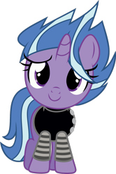 Size: 814x1225 | Tagged: safe, artist:starryshineviolet, derpibooru import, lilymoon, pony, unicorn, g4, clothes, female, filly, foal, goth, looking at you, ponyville mysteries, simple background, smiling, smiling at you, solo, spiky hair, sweater, transparent background, vector