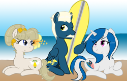 Size: 668x428 | Tagged: safe, artist:mscherbear, derpibooru import, oc, oc only, oc:mission belle, oc:rockwell, oc:silver strand, earth pony, pegasus, pony, unicorn, 2017, beach, earth pony oc, female, horn, male, mare, pegasus oc, stallion, surfboard, unicorn oc