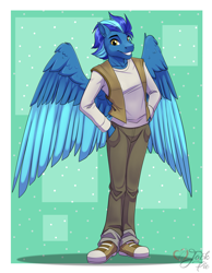 Size: 3500x4500 | Tagged: safe, artist:jack-pie, derpibooru import, oc, oc only, anthro, pegasus, plantigrade anthro, border, clothes, colored wings, commission, converse, hand in pocket, high res, male, multicolored wings, pants, pegasus oc, shoes, signature, smiling, solo, wings