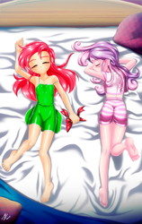 Size: 1969x3116 | Tagged: safe, alternate version, artist:mauroz, derpibooru import, apple bloom, sweetie belle, human, anime, ass, barefoot, bed, breasts, butt, clothes, delicious flat chest, duo, eyes closed, feet, female, humanized, on stomach, pajamas, sleeping, small breasts, sweetie butt