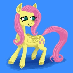 Size: 877x877 | Tagged: safe, artist:necromarecy, derpibooru import, fluttershy, pegasus, pony, blue background, simple background, solo