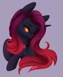 Size: 1166x1420 | Tagged: safe, artist:dammmnation, derpibooru import, oc, oc only, pony, unicorn, bust, female, horn, mare, purple background, simple background, solo, unicorn oc