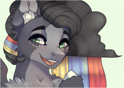 Size: 2817x2000 | Tagged: safe, artist:highrolleryt, derpibooru import, oc, oc only, pegasus, pony, bust, chest fluff, ear fluff, ears, freckles, multicolored hair, pegasus oc, rainbow hair, smiling, solo