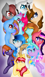 Size: 750x1280 | Tagged: safe, artist:prettyshinegp, derpibooru import, oc, oc only, earth pony, pony, unicorn, abstract background, earth pony oc, female, group, horn, mare, signature, smiling, unicorn oc