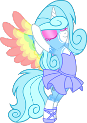 Size: 909x1277 | Tagged: safe, artist:tanahgrogot, derpibooru import, oc, oc only, oc:jeremy sparkle, alicorn, pony, alicorn oc, arms in the air, ballerina, ballet, ballet slippers, bipedal, clothes, colored wings, dancing ballet, en pointe, horn, multicolored wings, rainbow wings, simple background, solo, transparent background, tutu, tututiful, wings