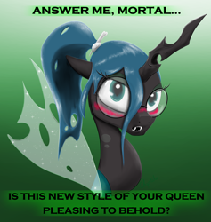 Size: 2200x2321 | Tagged: safe, artist:chopsticks, derpibooru import, queen chrysalis, changeling, changeling queen, alternate hairstyle, blushing, bone, cute, cutealis, dialogue, dork, dorkalis, fangs, female, glasses, looking at you, ponytail, solo, sparkly wings, talking to viewer, text, wings