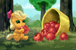 Size: 1200x800 | Tagged: safe, alternate version, artist:kp-shadowsquirrel, derpibooru import, applejack, earth pony, pony, apple, baby, baby pony, babyjack, basket, bow, bucket, dappled sunlight, eating, female, filly, filly applejack, foal, food, herbivore, sitting, solo, younger