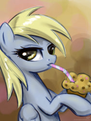 Size: 750x1000 | Tagged: safe, alternate version, artist:kp-shadowsquirrel, derpibooru import, derpy hooves, pegasus, pony, drinking, female, food, mare, muffin, solo, straw