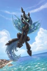 Size: 1100x1650 | Tagged: safe, alternate version, artist:kp-shadowsquirrel, derpibooru import, queen chrysalis, changeling, changeling queen, beach, cute, cutealis, female, ocean, solo, water