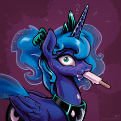 Size: 1600x1600 | Tagged: safe, alternate version, artist:kp-shadowsquirrel, derpibooru import, princess luna, alicorn, pony, 2013, alternate hairstyle, blushing, eating, emanata, embarrassed, female, food, looking at you, mare, plewds, ponytail, popsicle, solo, sucking, suggestive eating, surprised, sweat, wide eyes