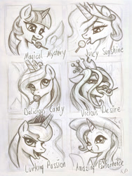 Size: 1125x1500 | Tagged: safe, artist:kp-shadowsquirrel, derpibooru import, princess cadance, princess celestia, princess luna, queen chrysalis, trixie, twilight sparkle, twilight sparkle (alicorn), alicorn, pony, candy, female, food, lollipop, mare, monochrome, traditional art