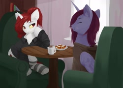 Size: 1782x1275 | Tagged: safe, artist:some_ponu, derpibooru import, oc, oc only, oc:evelyn, oc:joyful journey, alicorn, pony, unicorn, fallout equestria, armchair, artificial alicorn, cake, cheesecake, clothes, cup, cute, eating, fangs, female, food, horn, mare, smiling, socks, stockings, striped socks, table, tea party, teacup, thigh highs, wings
