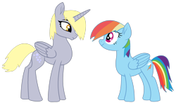 Size: 2493x1469 | Tagged: safe, artist:fantasia-bases, artist:twilyisbestpone, derpibooru import, derpy hooves, rainbow dash, alicorn, pegasus, pony, alicornified, base used, derpicorn, duo, duo female, eye contact, female, folded wings, full body, hooves, horn, looking at each other, looking at someone, mare, race swap, simple background, smiling, standing, tail, transparent background, wings