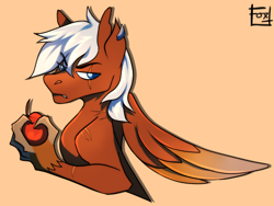 Size: 600x450 | Tagged: safe, artist:defiantfox, derpibooru import, oc, oc only, oc:terram, hippogriff, hybrid, pony, apple, claws, food, male, solo, talons, wings